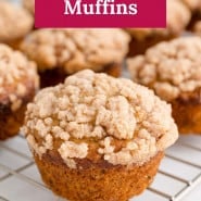 Muffin with text overlay that reads "streusel banana muffins."
