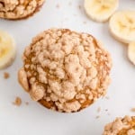 Overhead view of a banana muffin with streusel.