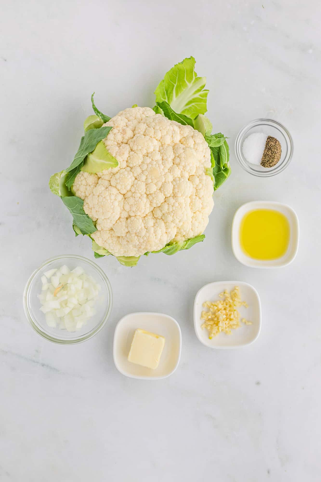 Ingredients needed for recipe, including cauliflower.