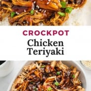 Chicken with glaze, text overlay reads "crockpot chicken teriyaki."