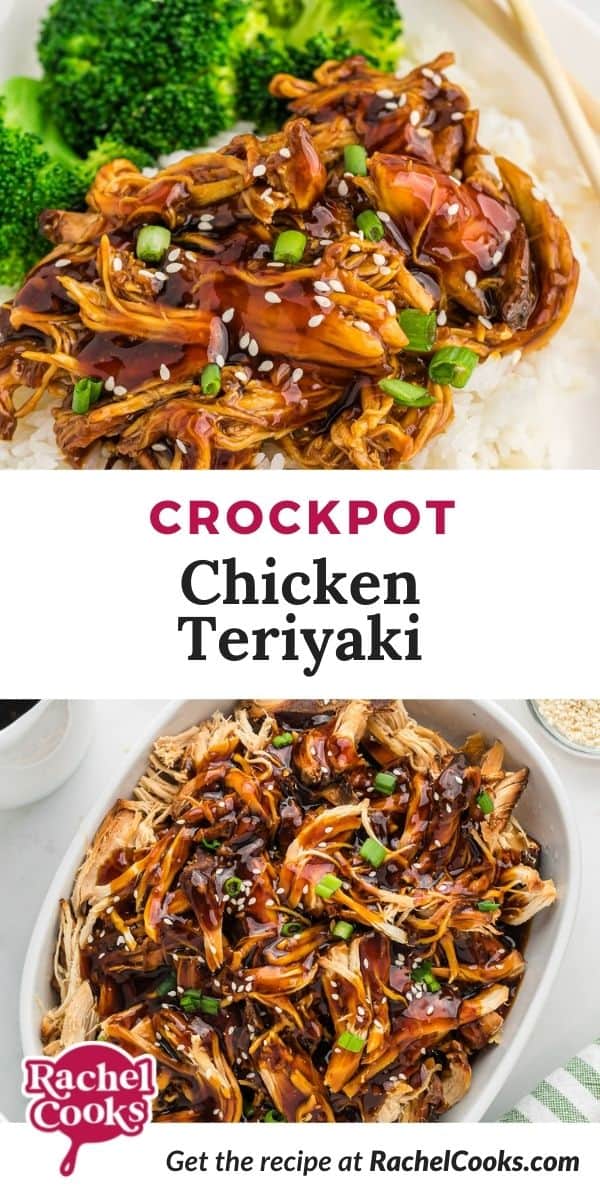 Chicken with glaze, text overlay reads "crockpot chicken teriyaki."