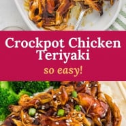 Chicken with glaze, text overlay reads "crockpot chicken teriyaki - so easy!"