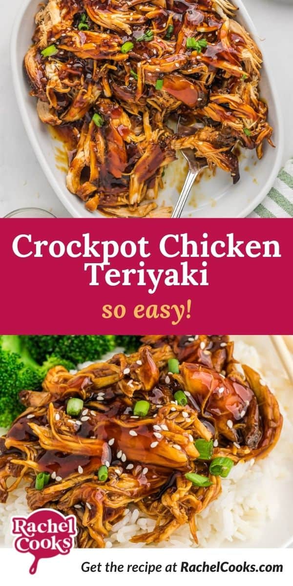 Chicken with glaze, text overlay reads "crockpot chicken teriyaki - so easy!"