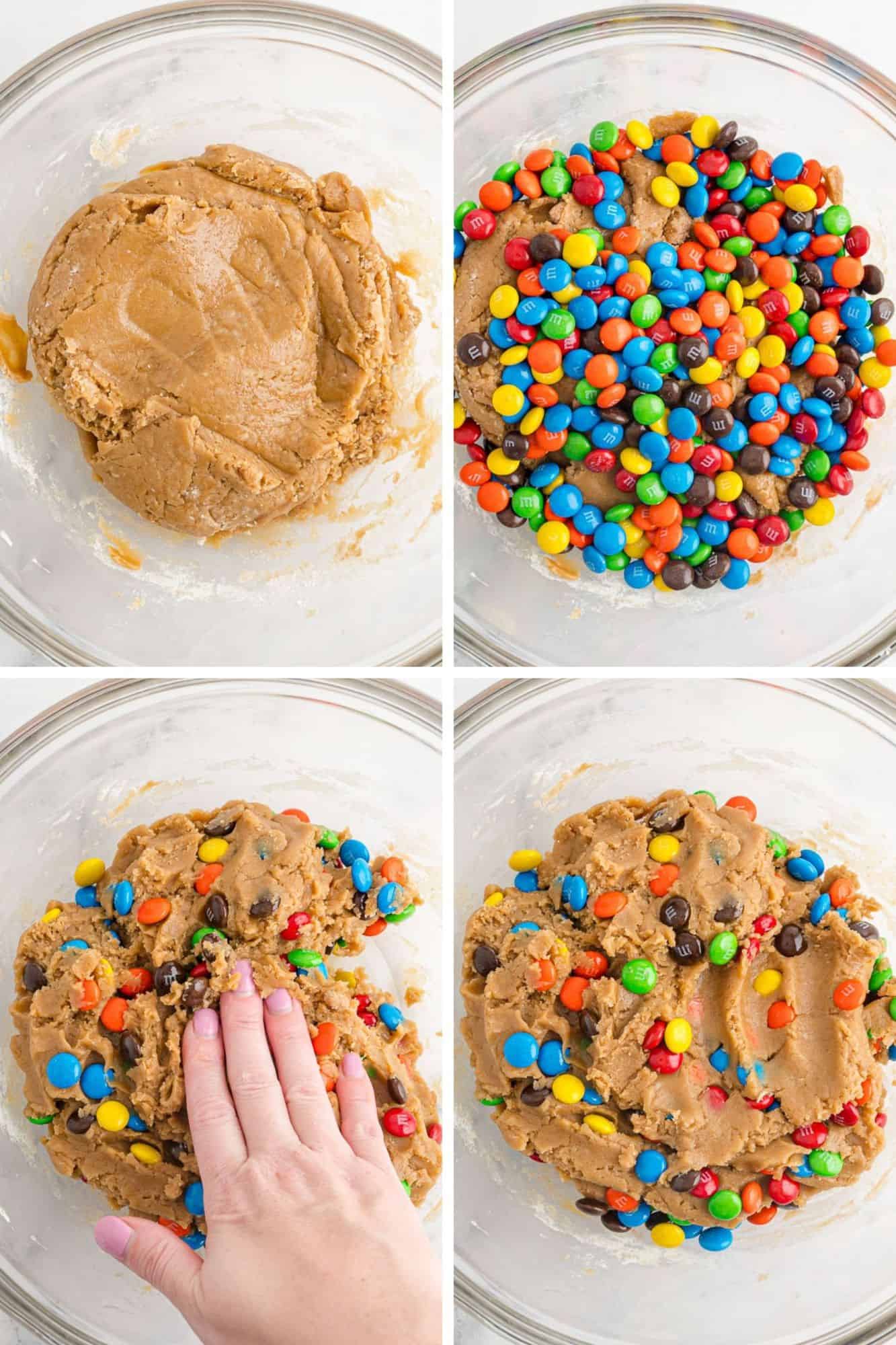 M&Ms being added to the peanut butter dough.