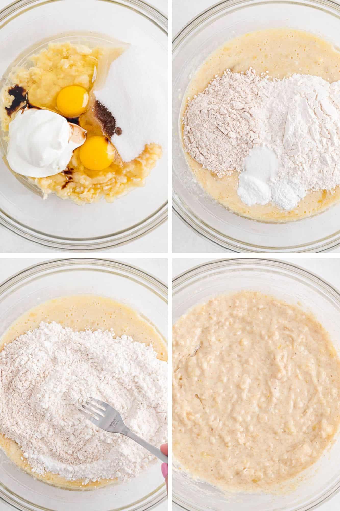 Banana muffin batter, four steps.