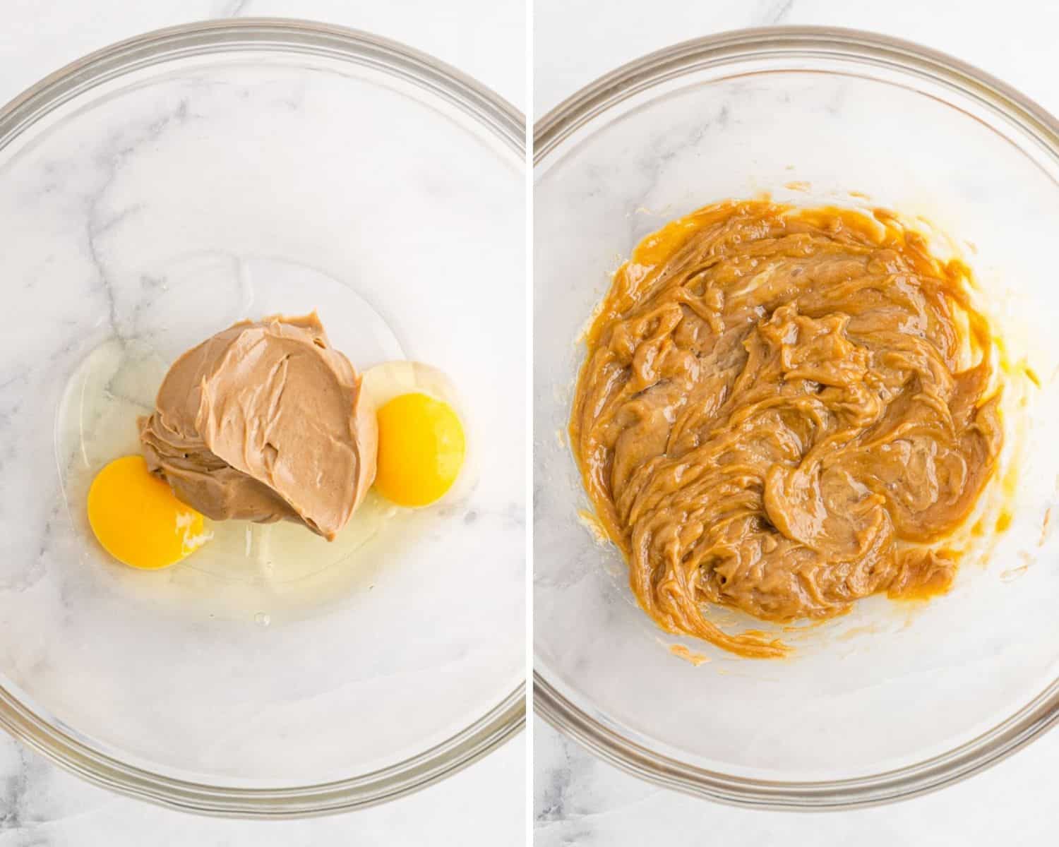 Eggs and peanut butter being mixed.