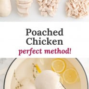 Chicken, text overlay reads "poached chicken - perfect method."