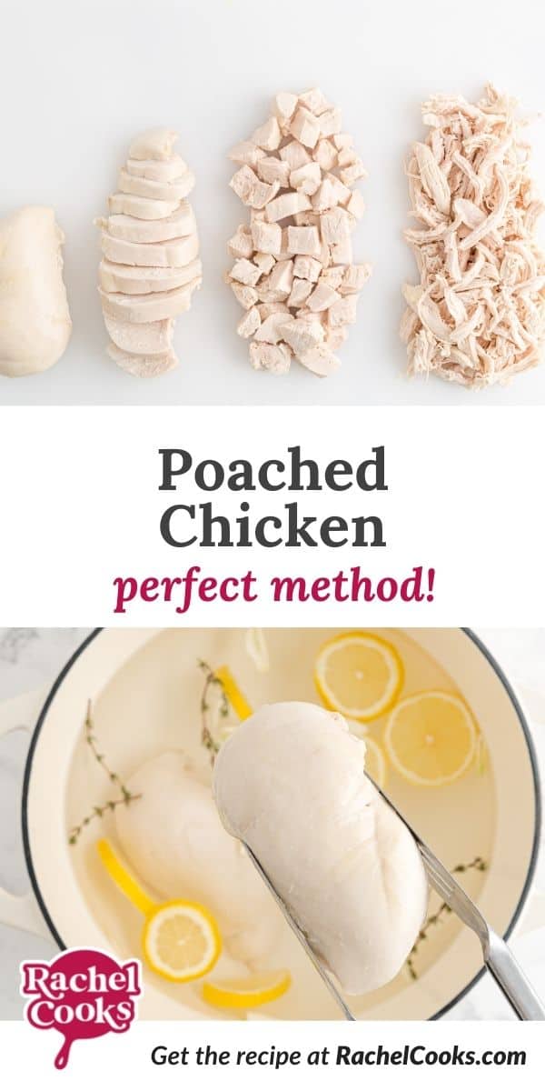 Chicken, text overlay reads "poached chicken - perfect method."