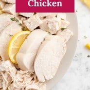 Chicken, text overlay reads "perfect poached chicken."