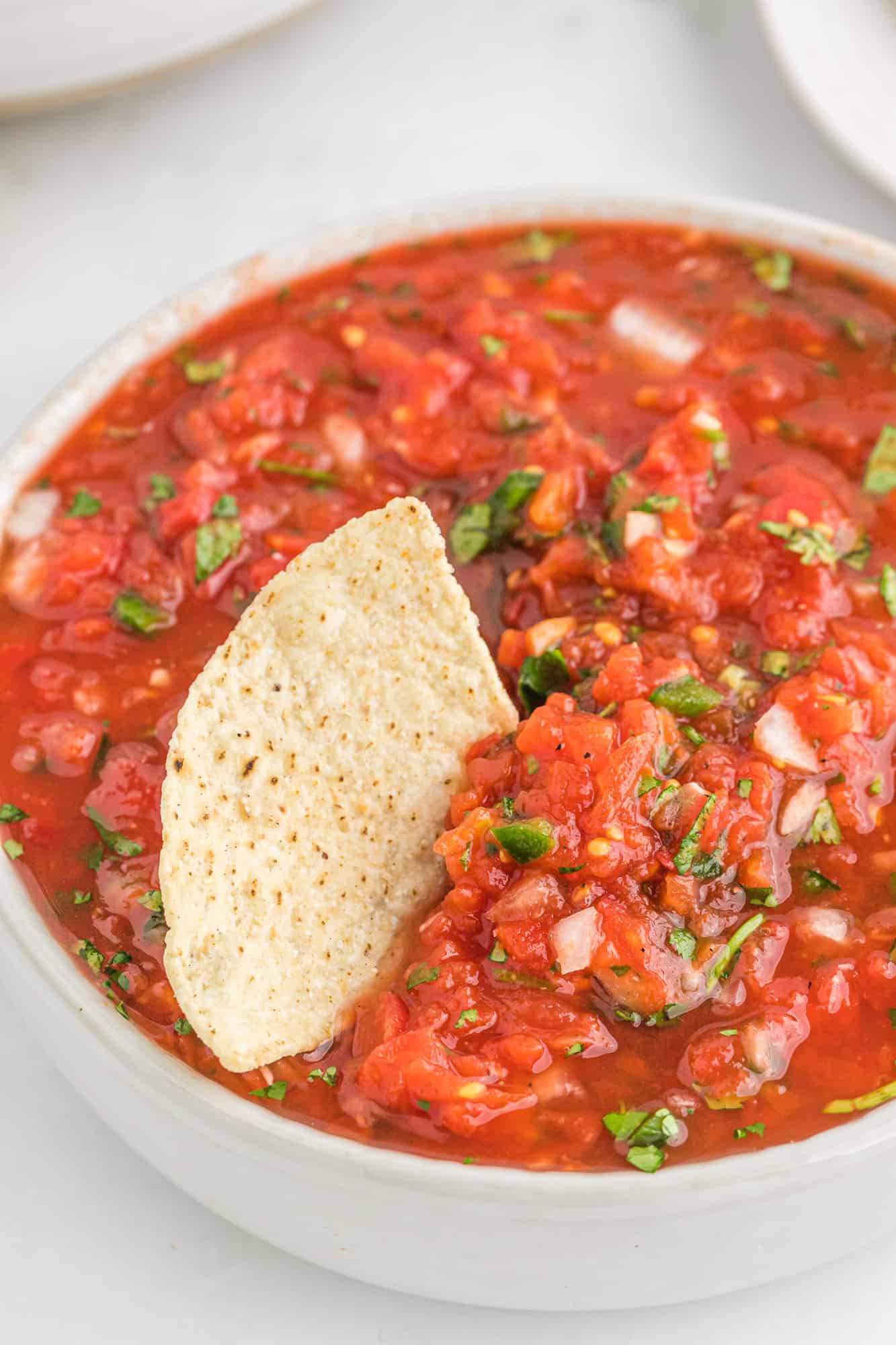 Large bowl of restaurant style salsa with one chip in it.