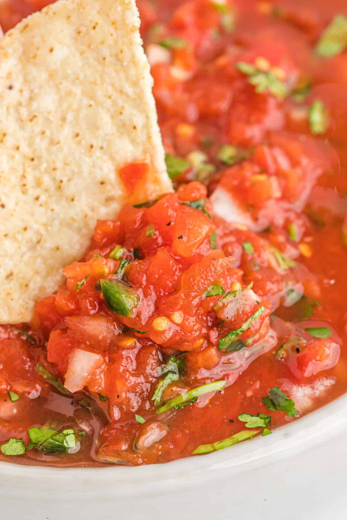 Salsa on a tortilla chip.