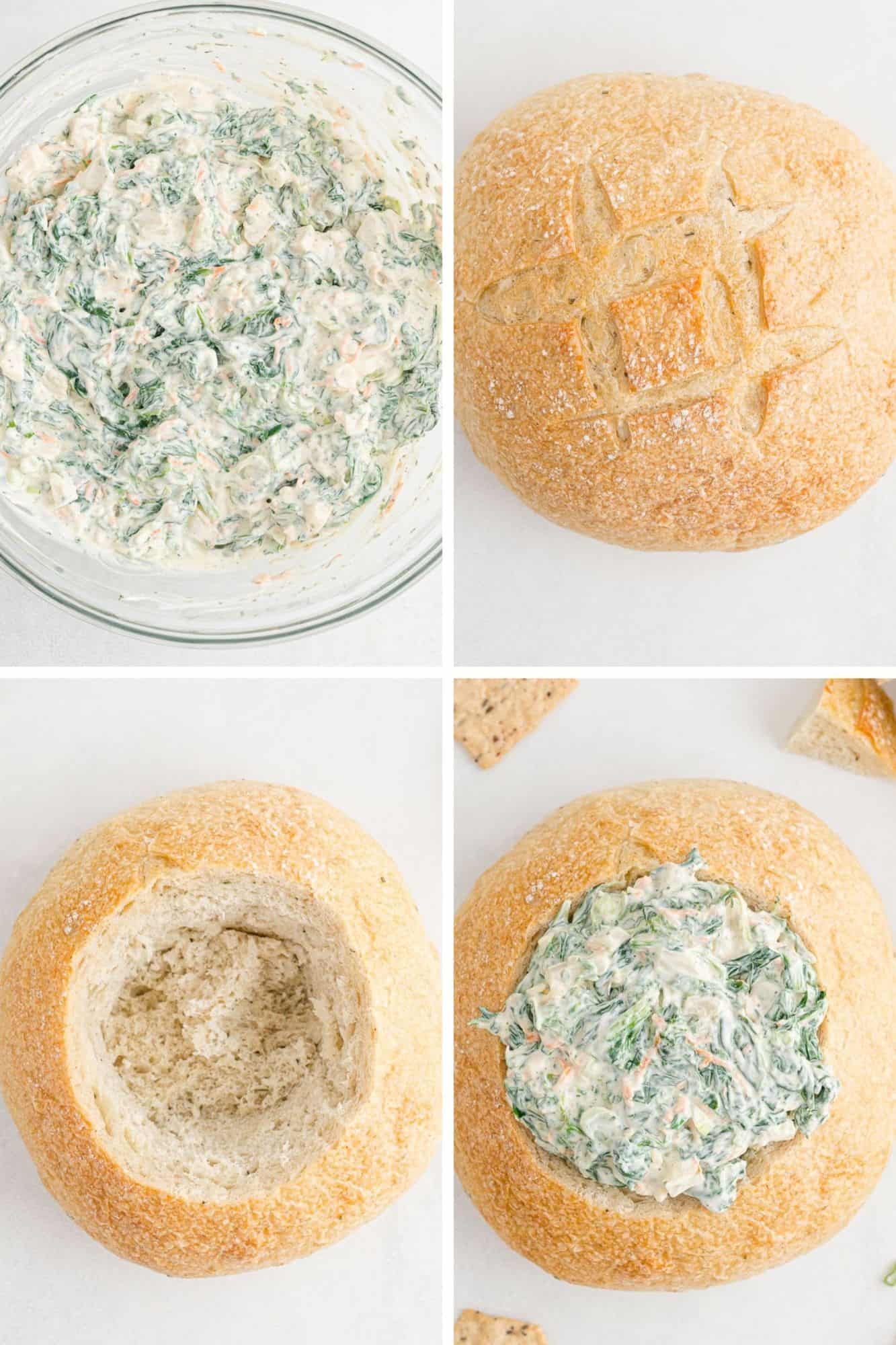 Spinach dip being put into a bread bowl.