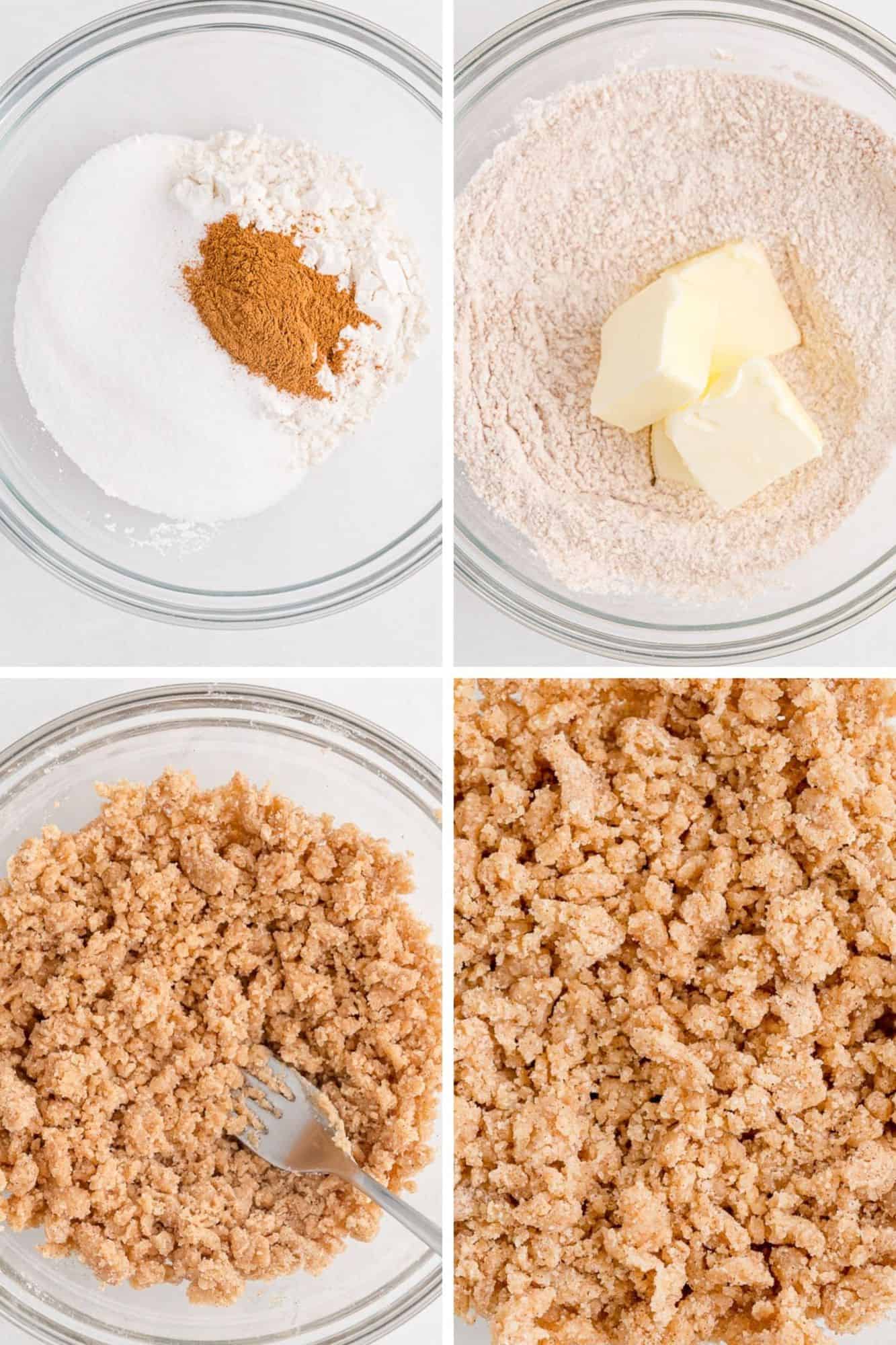 Four images showing how to make streusel.