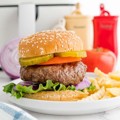 Burger with lettuce, tomato, pickles.