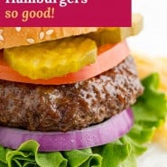 Burger, text overlay reads "air fryer hamburgers, so good!"