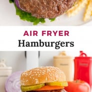 Burger, text overlay reads "air fryer burgers."