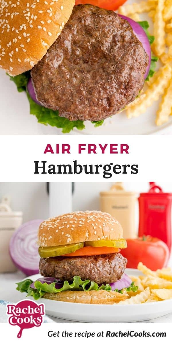 Burger, text overlay reads "air fryer burgers."