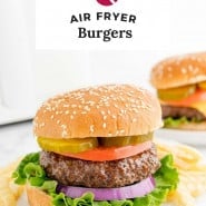 Burger, text overlay reads "air fryer burgers."