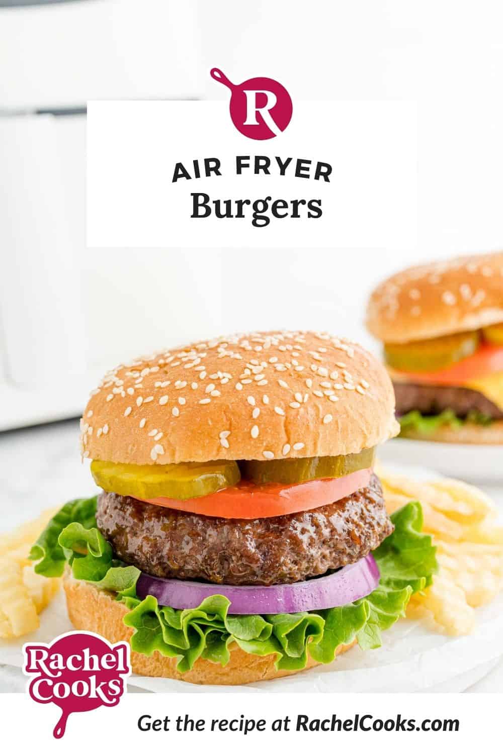 Burger, text overlay reads "air fryer burgers."