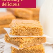 Bars, text overlay reads, "blondie recipe - so chewy and delicious!"