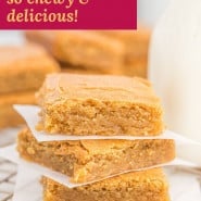 Bars, text overlay reads, "blondie recipe - so chewy and delicious!"