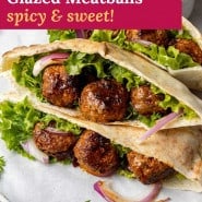 Meatballs on pita, text overlay reads "chipotle honey glazed meatballs, spicy and sweet!"