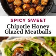 Meatballs on pita, text overlay reads "spicy sweet chipotle honey glazed meatballs!"