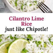 Rice, text overlay reads "cilantro lime rice - just like chipotle."