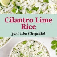 Rice, text overlay reads "cilantro lime rice - just like chipotle."