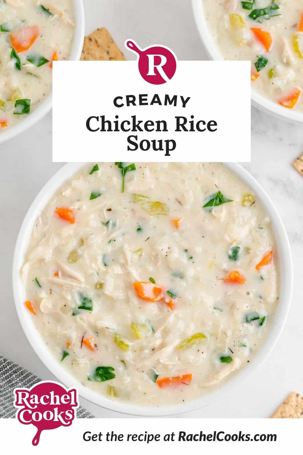 Soup, text overlay reads "creamy chicken rice soup."