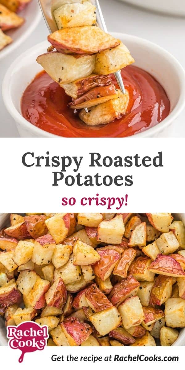Diced potatoes, text overlay reads "crispy roasted potatoes - so crispy!"