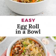 White bowl with cabbage mixture, text overlay reads "easy egg roll in a bowl."