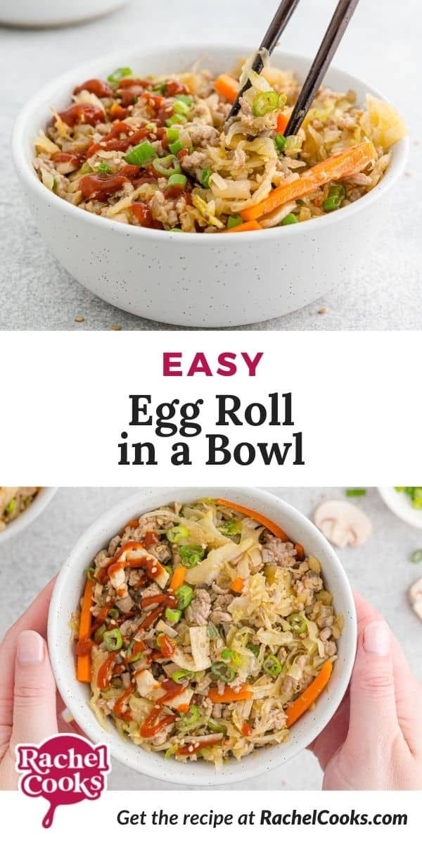 White bowl with cabbage mixture, text overlay reads "easy egg roll in a bowl."