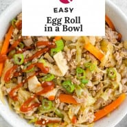 White bowl with cabbage mixture, text overlay reads "easy egg roll in a bowl."