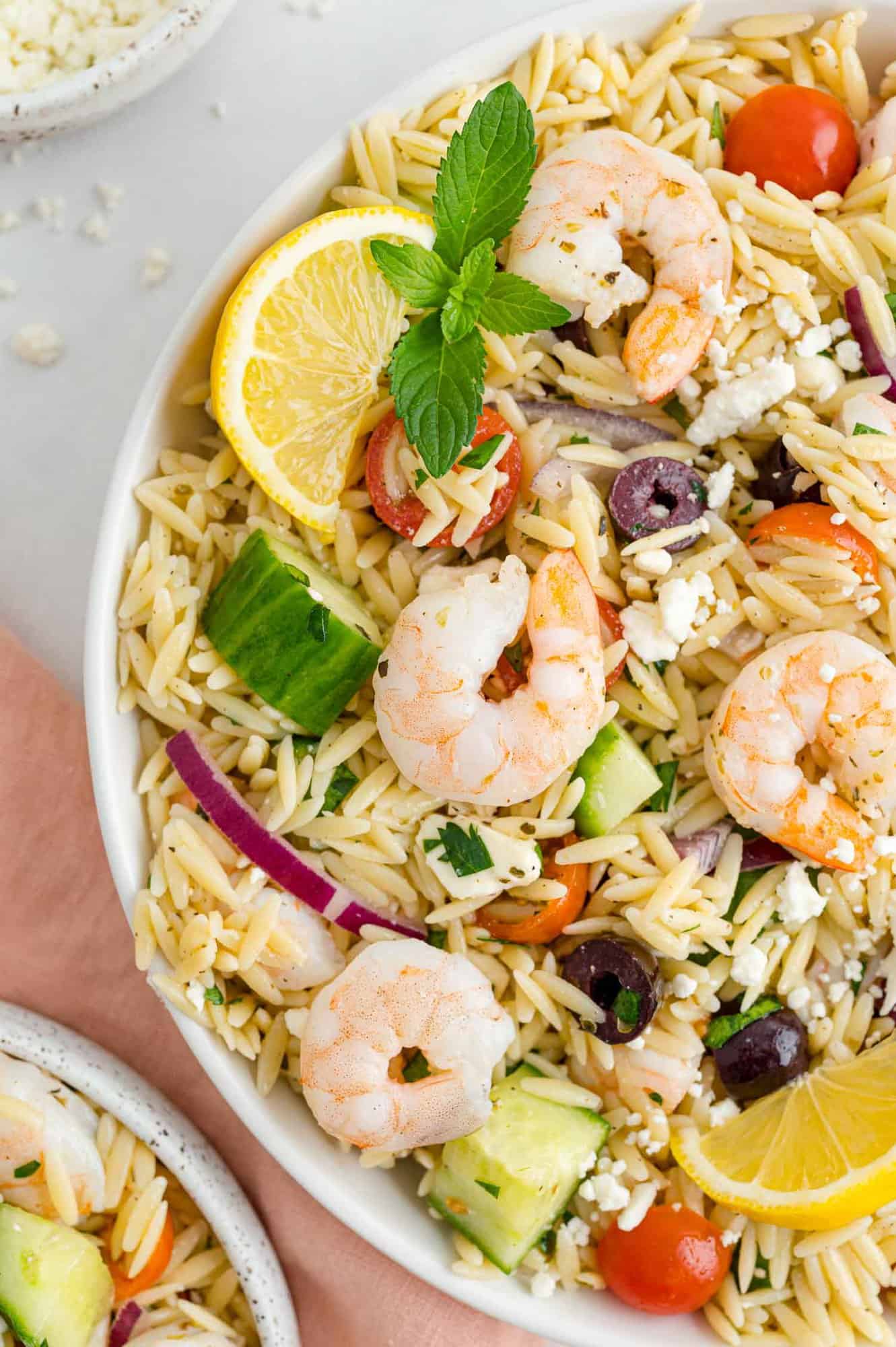 Greek orzo salad with shrimp, lemon, fresh mint.