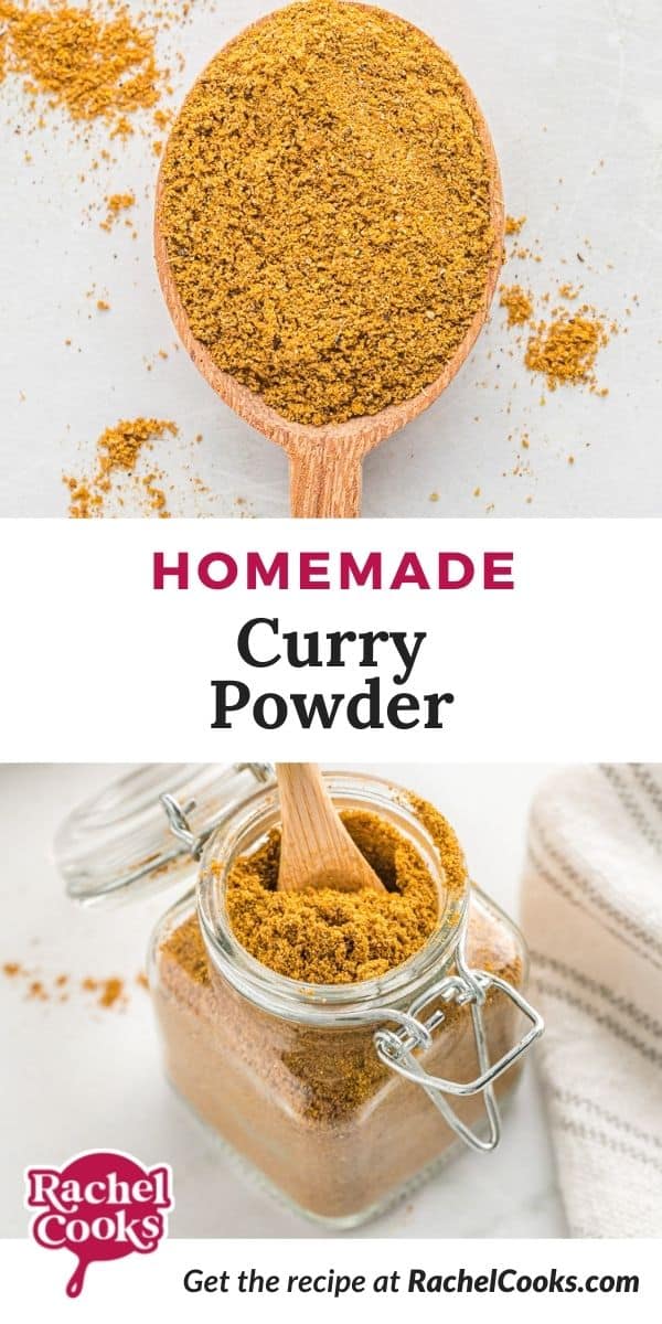 Yellow spice blend, text overlay reads "homemade curry powder."