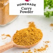 Yellow spice blend, text overlay reads "homemade curry powder."