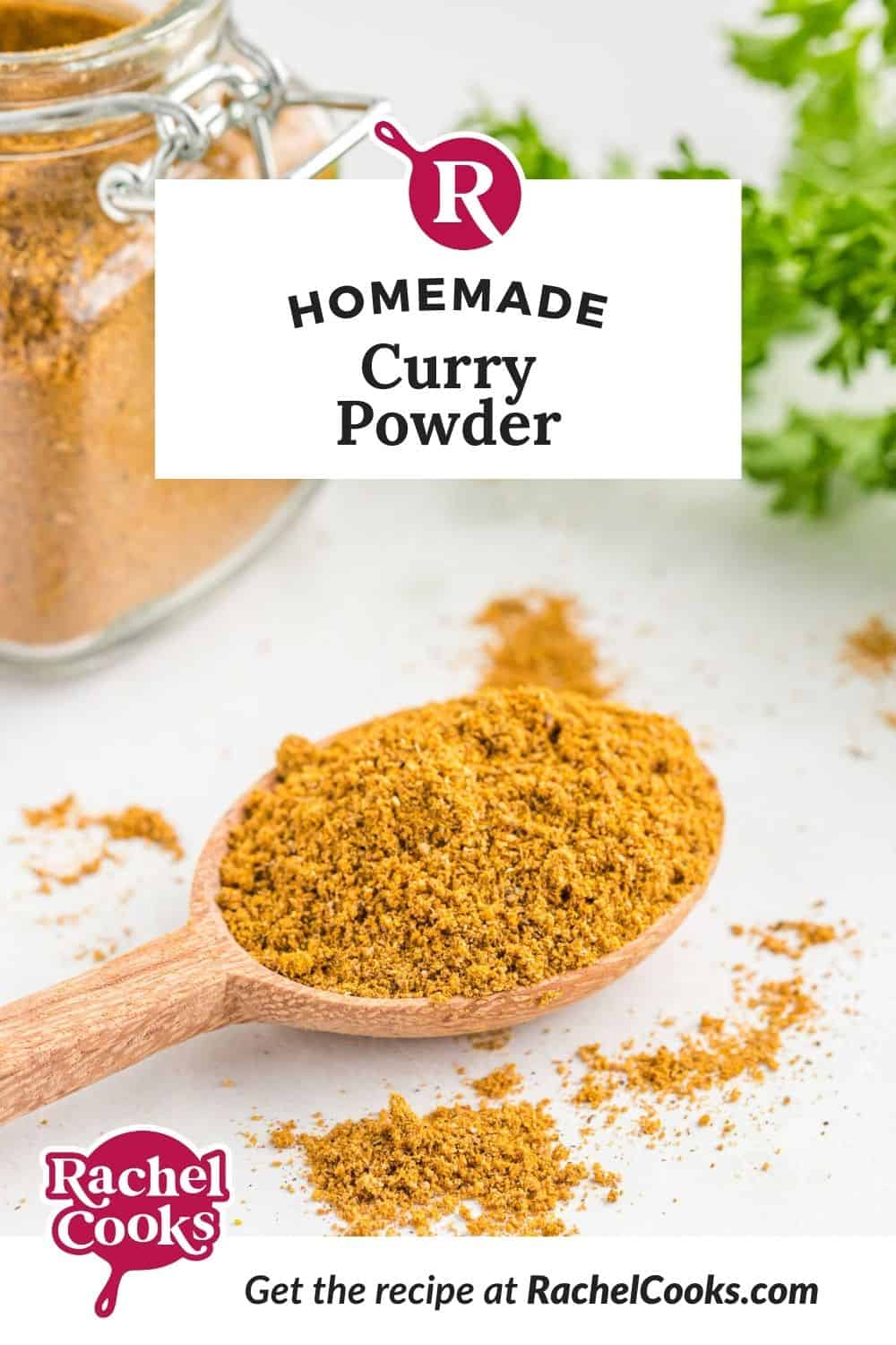Yellow spice blend, text overlay reads "homemade curry powder."