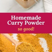 Yellow spice blend, text overlay reads "homemade curry powder - so good!"