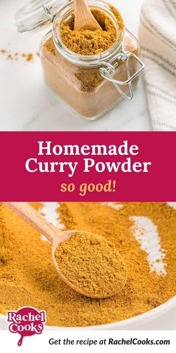 Yellow spice blend, text overlay reads "homemade curry powder - so good!"