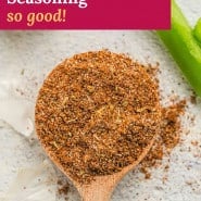 Seasoning mix, text overlay reads "homemade fajita seasoning - so good!"