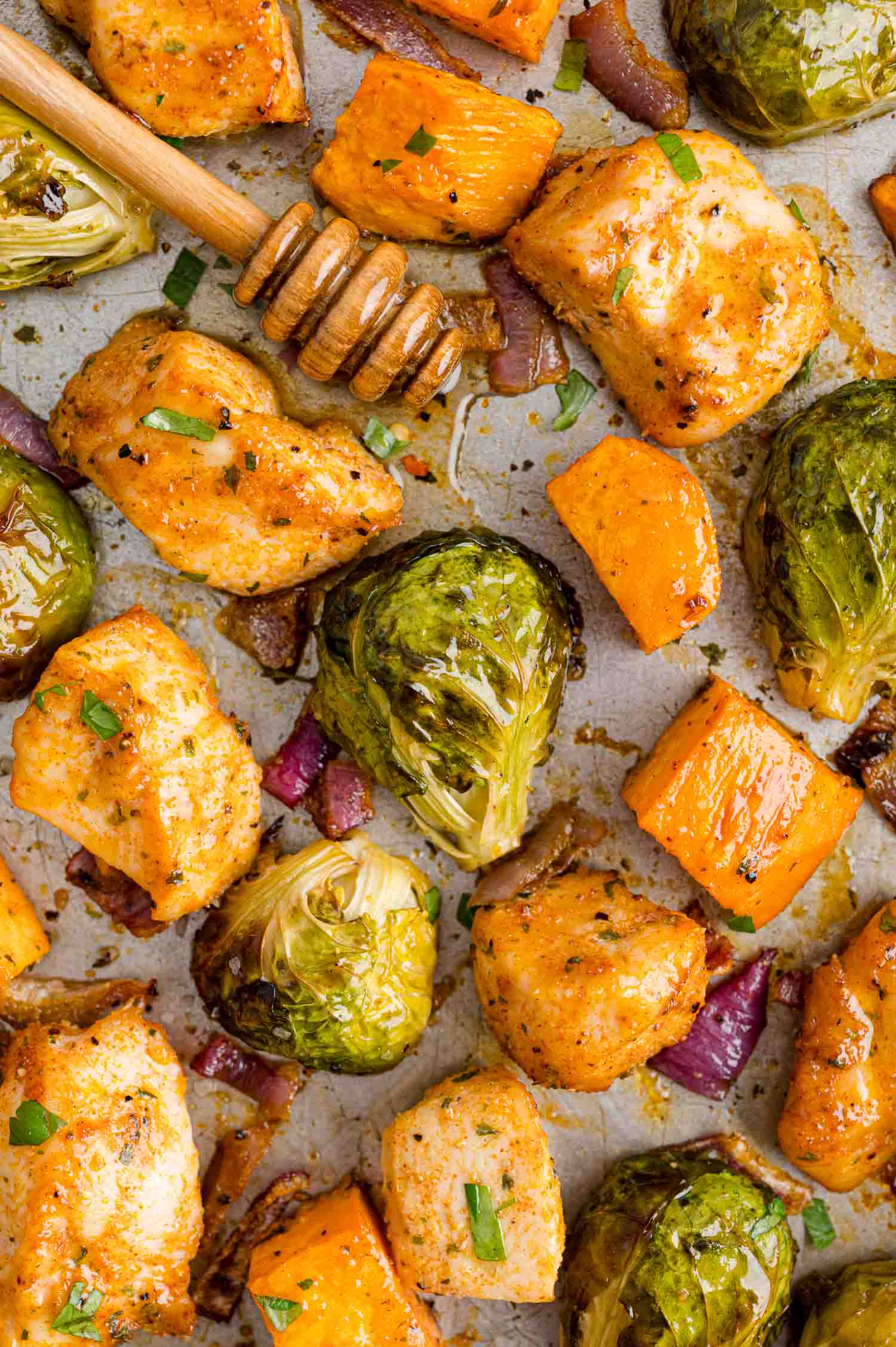 Chicken, brussels sprouts, and sweet potatoes with hot honey.