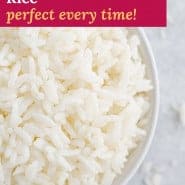 Rice, text overlay reads "instant pot white rice - perfect every time!"