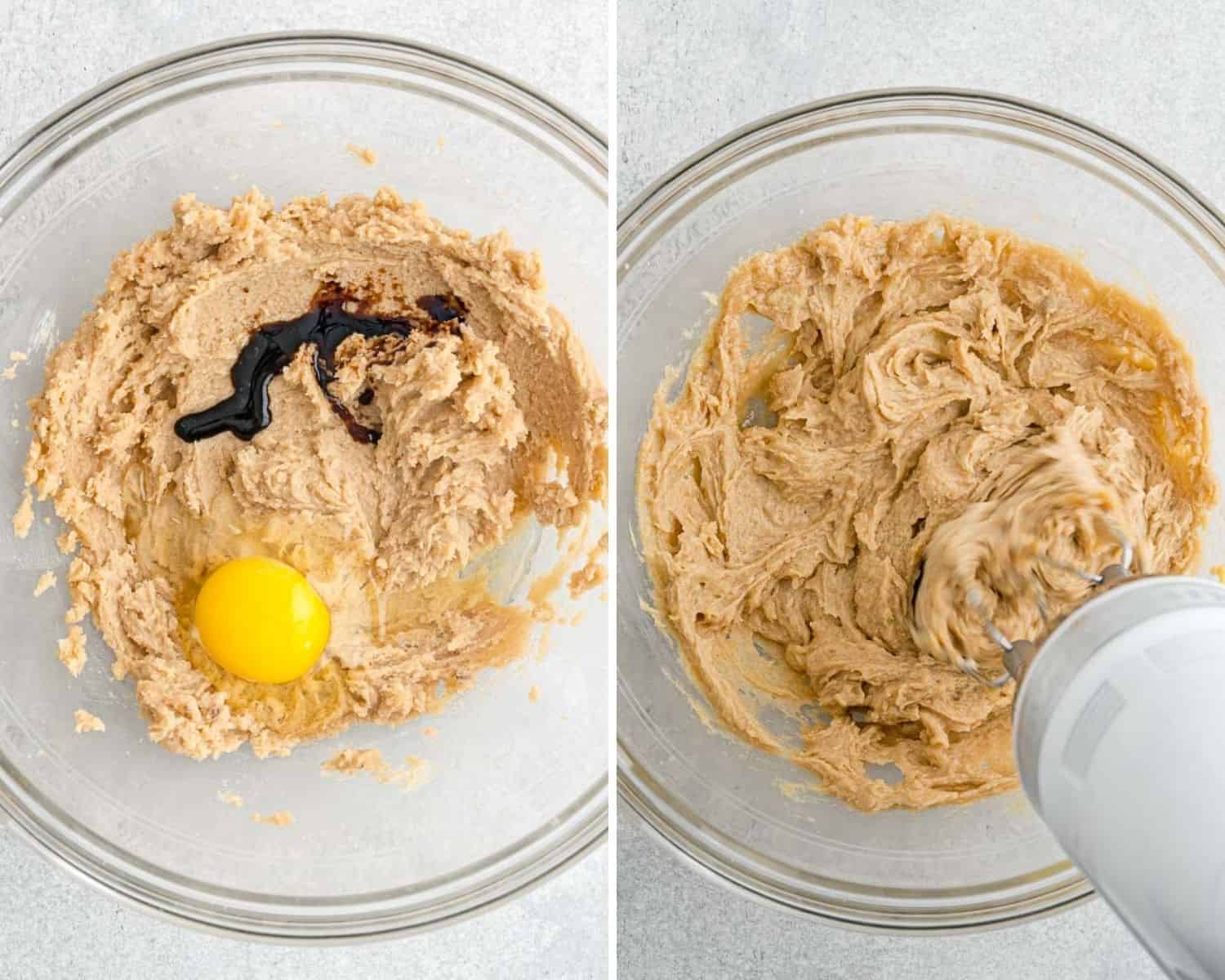 Cookie wet ingredients before and after mixing.
