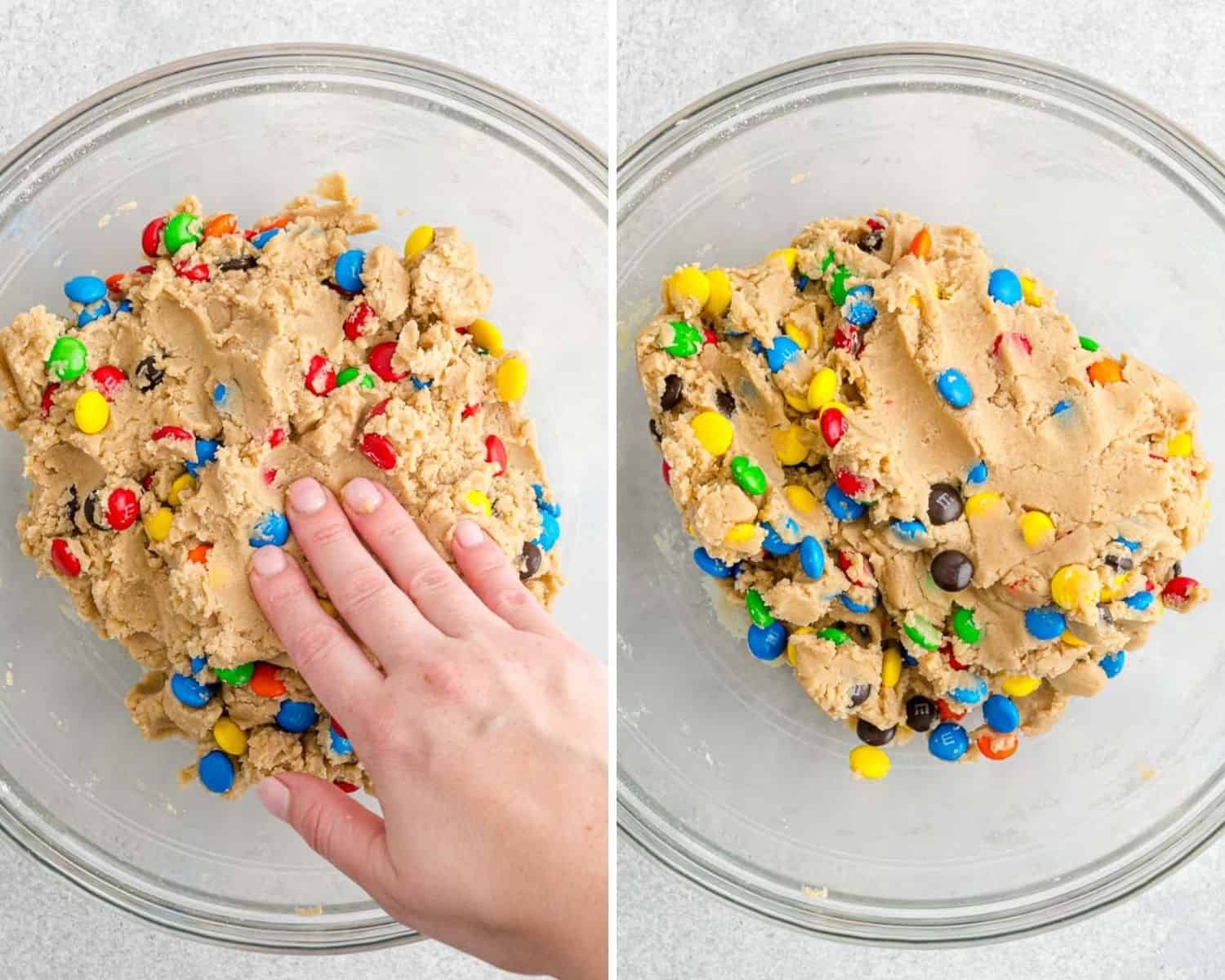 M&Ms being added to dough.