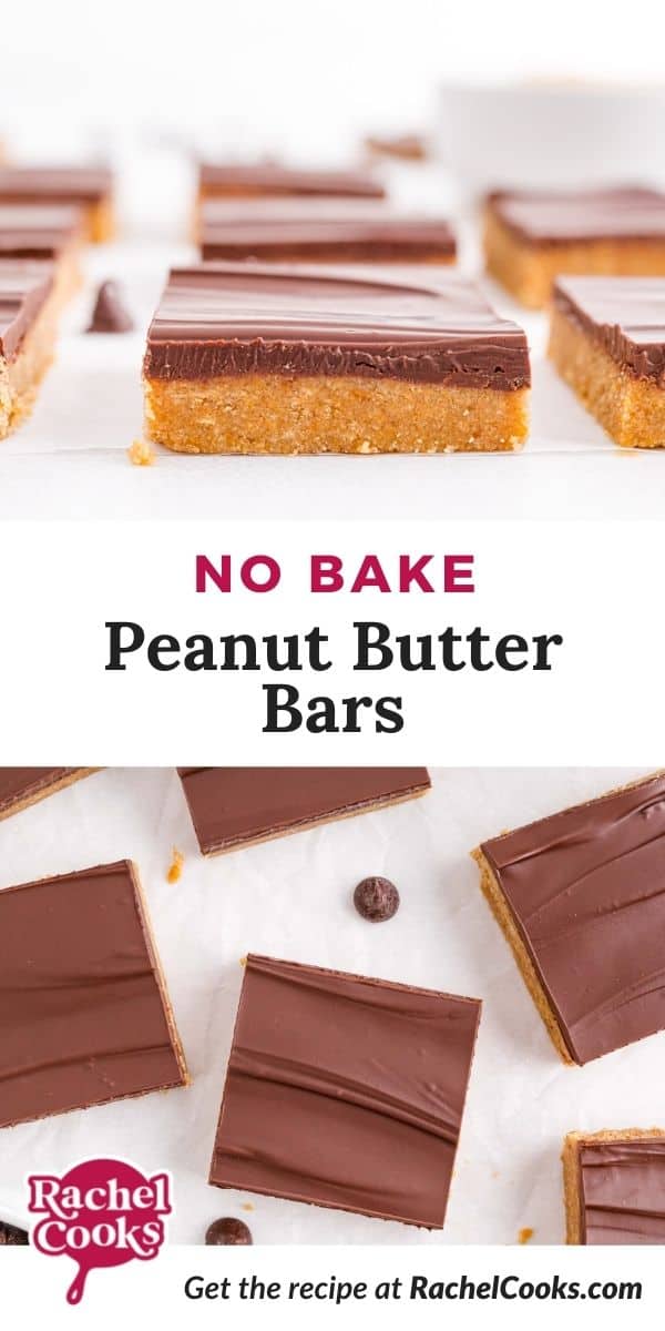 Bars, text overlay reads "no bake peanut butter bars"