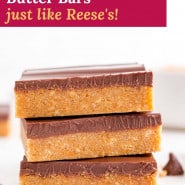 Bars, text overlay reads "no bake peanut butter bars - just like reese's!"