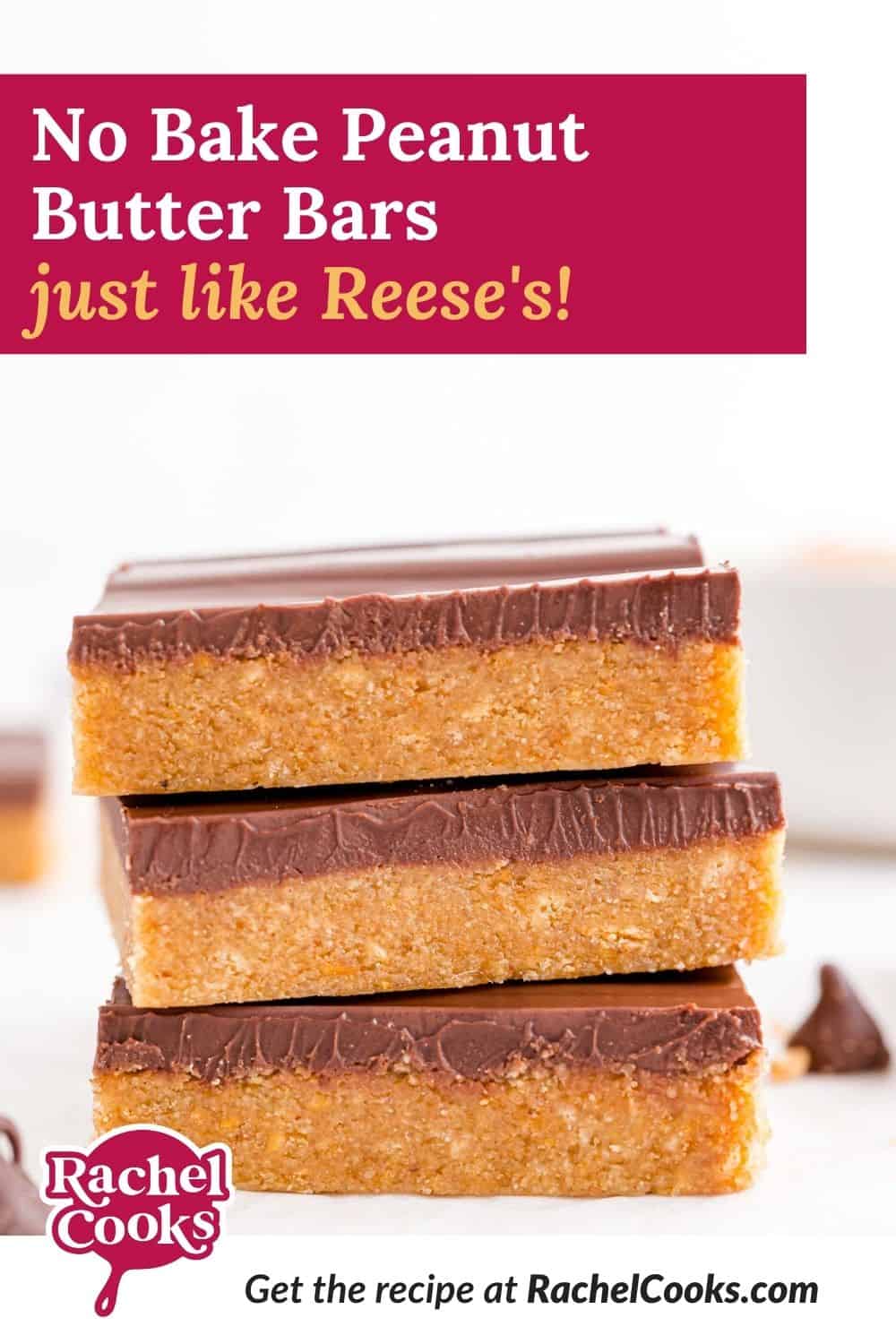Bars, text overlay reads "no bake peanut butter bars - just like reese's!"