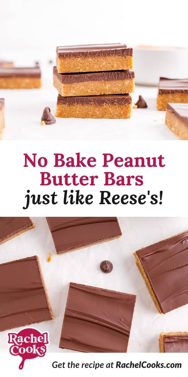 Bars, text overlay reads "no bake peanut butter bars - just like reese's!"