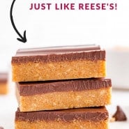 Bars, text overlay reads "no bake peanut butter bars - just like reese's!"